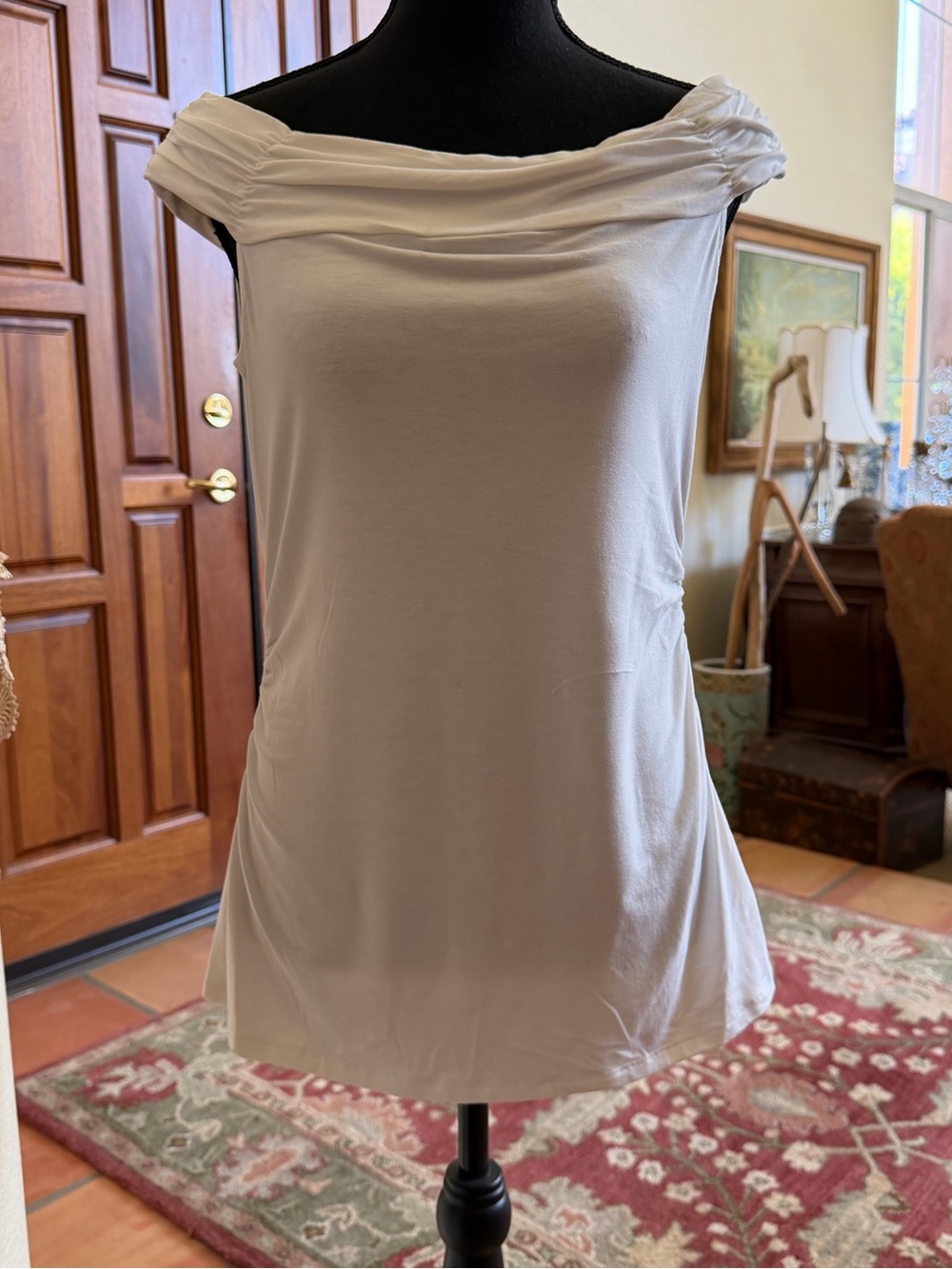White House Black Market WHBM White Ruched Side Off Shoulder Blouse M